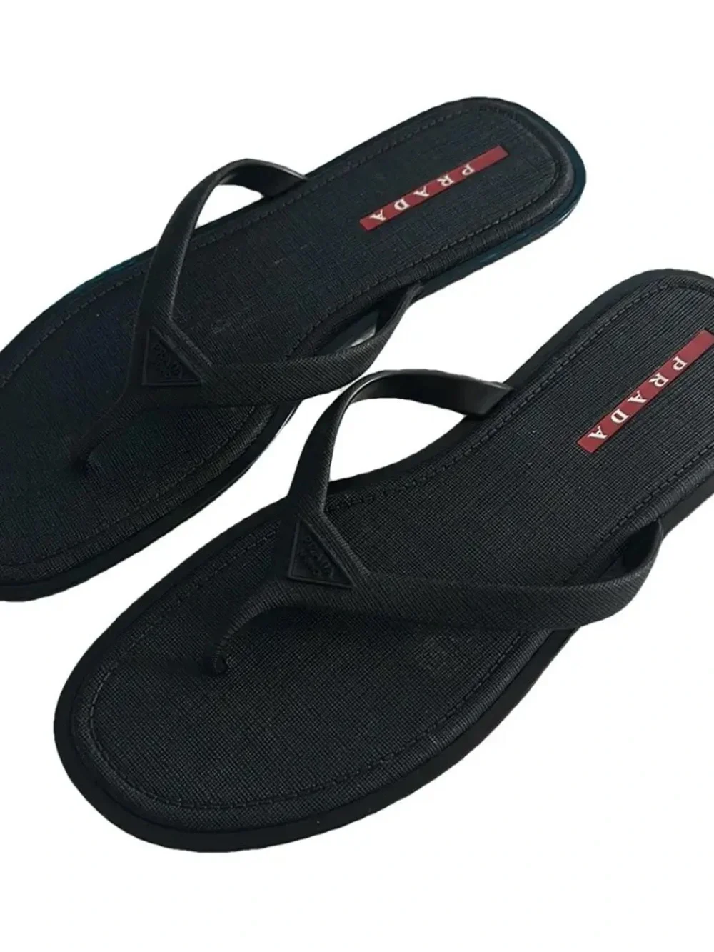 Prada Men’s Black Flip-Flop Sandals with Red Logo Accent